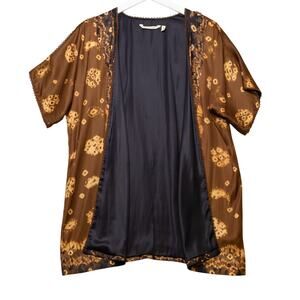 SOFT SURROUNDINGS Batik Satin‎ Kimono Tie Front Art To Wear Boho Earthy Sz PS